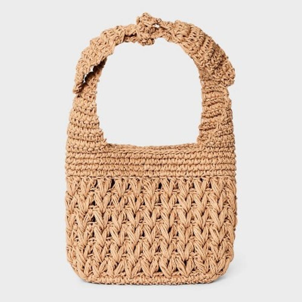 A New Day NWT Women's Straw Woven Tie-Top Shoulder Bag Light Brown Adj Strap - Picture 1 of 8